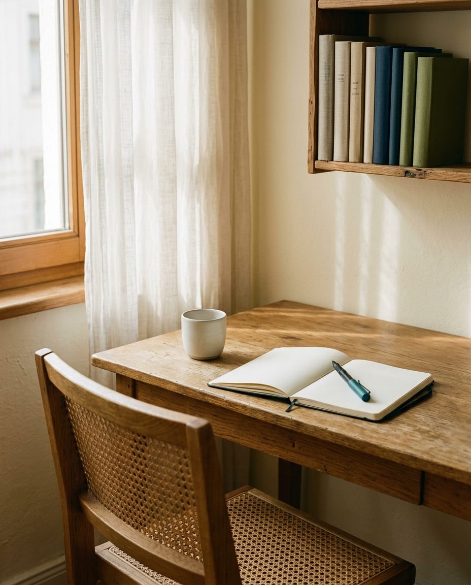 A small workspace with morning light: a wooden desk, an empty cane-back chair, an open notebook and ceramic mug. The seat of a Kobol engagement.