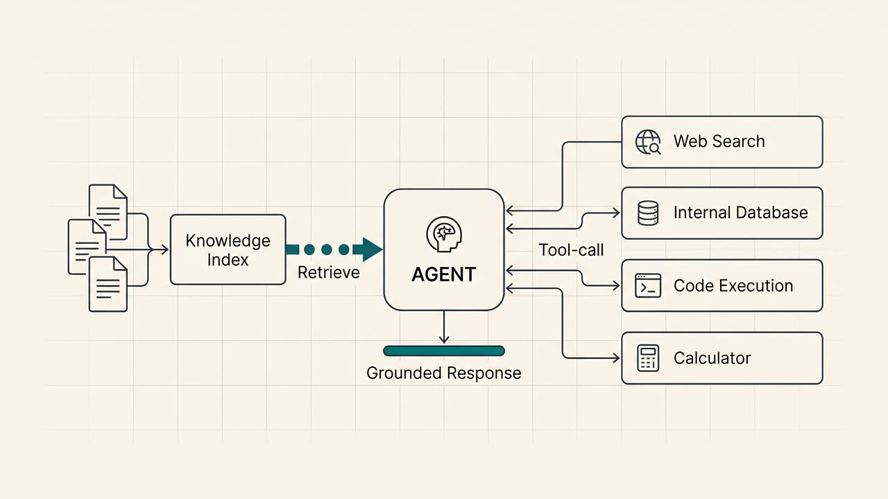 A schematic system diagram: a central Agent block linked on the right to four tool blocks (Web Search, Internal Database, Code Execution, Calculator) via tool-call arrows, and on the left to a Knowledge Index fed by document icons via a teal Retrieve arrow with data tokens flowing along it, ending in a Grounded Response output bar.