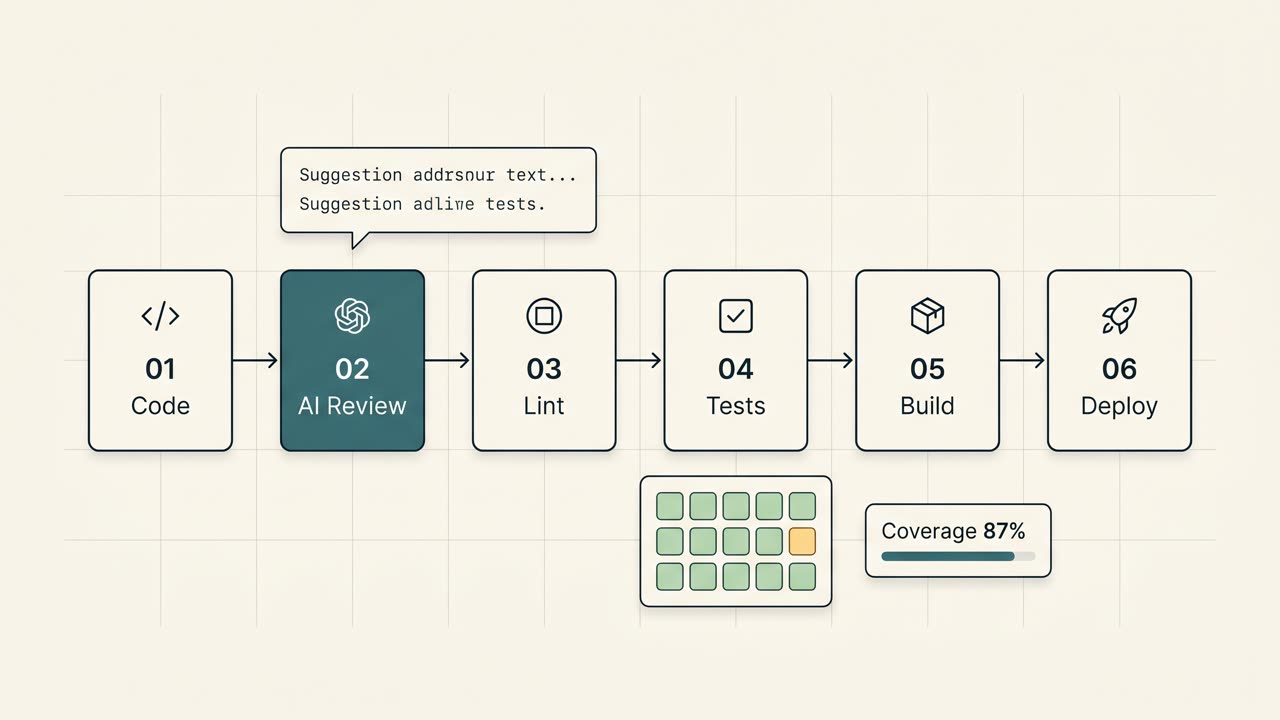 A schematic AI-augmented dev pipeline: six labeled stage blocks (01 Code, 02 AI Review, 03 Lint, 04 Tests, 05 Build, 06 Deploy), with AI Review highlighted teal and an attached suggestion bubble. Below it, a small grid of test cells (mostly pass-green, one amber) and a Coverage 87% panel with a teal progress bar.